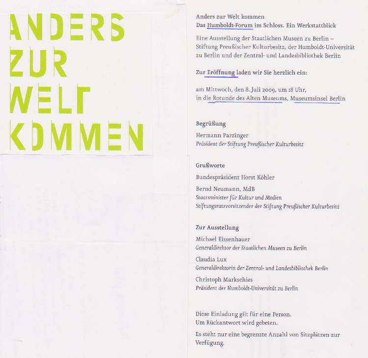 Einladung zur Eröffnung der Ausstellung „Anders zur Welt kommen. Das Humboldt-Forum im Schloss“